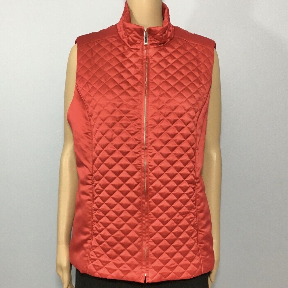 Jones New York Signature Quilted Vest Size Large Red Full Zip Front Pockets